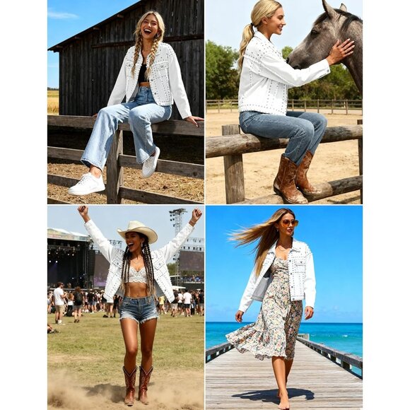 Dressy Studded White Cropped Jean Jacket Women Western Distressed Denim Coat - Picture 4 of 5